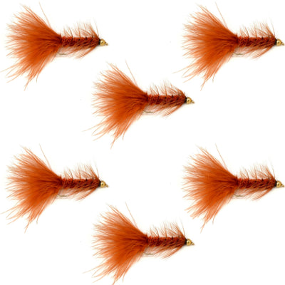 Set of six brown bead head Woolly Bugger streamer flies for fly fishing, size 4, with crystal accents, by The Fly Fishing Place.
