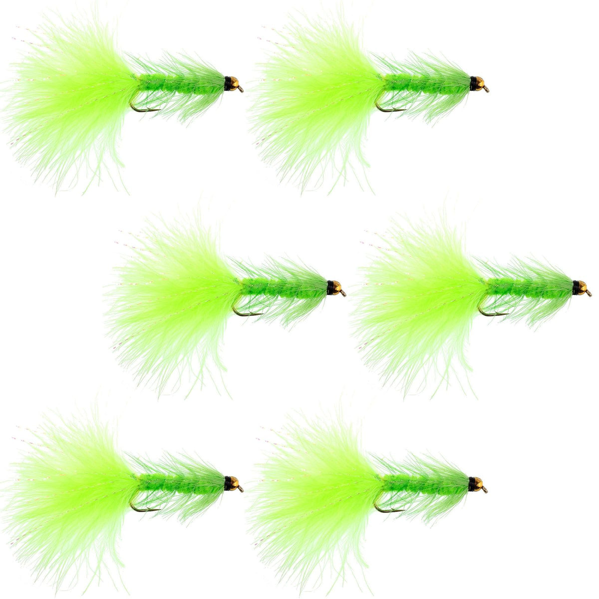 Set of six Chartreuse Bead Head Woolly Bugger streamer flies for fly fishing, size 8, by The Fly Fishing Place.