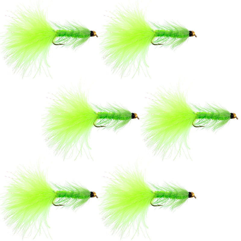 Set of six Chartreuse Bead Head Woolly Bugger streamer flies for fly fishing, size 8, by The Fly Fishing Place.