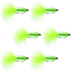 Set of six Chartreuse Bead Head Woolly Bugger streamer flies for fly fishing, size 4, featuring crystal accents and realistic baitfish details.