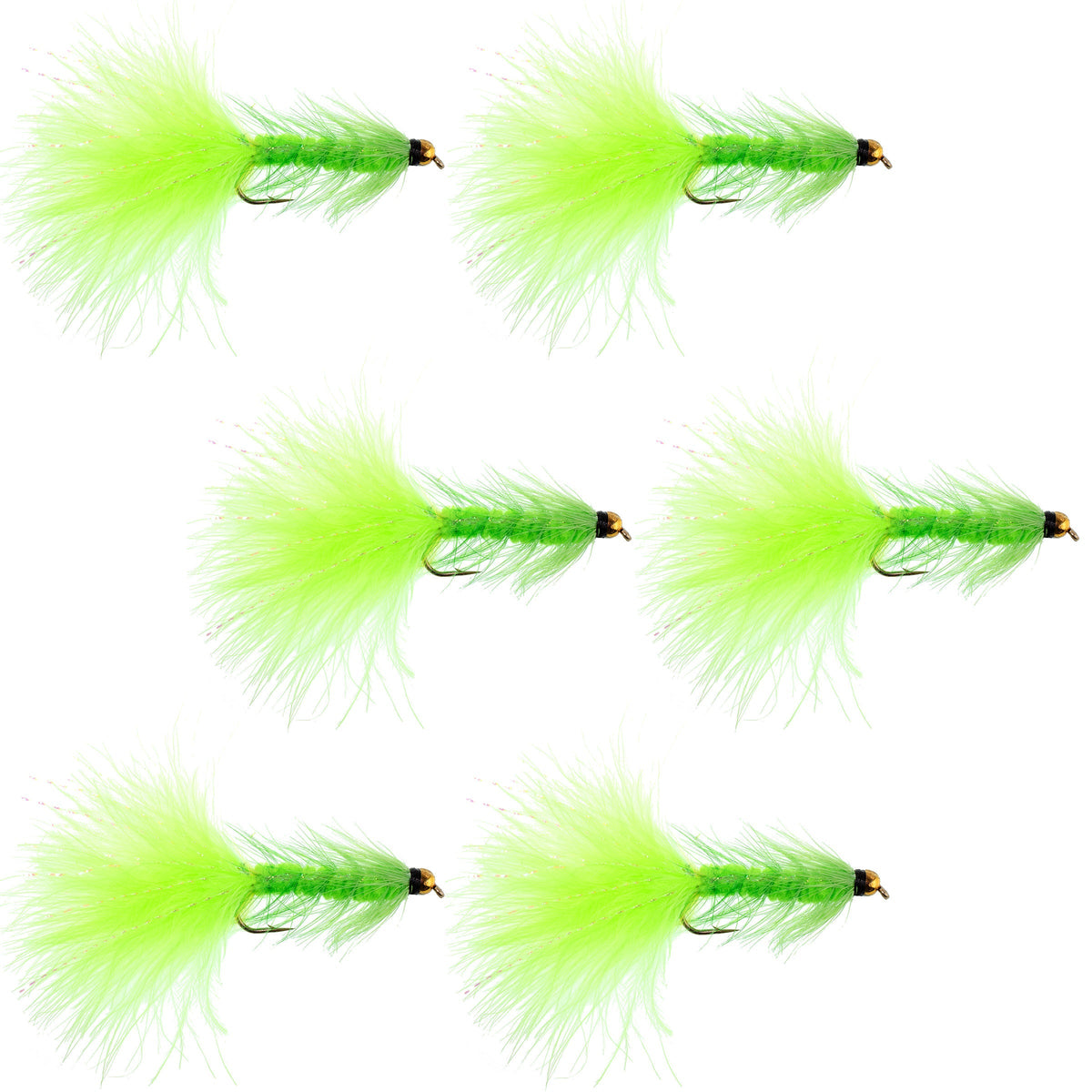 Set of six Chartreuse Bead Head Woolly Bugger streamer flies for fly fishing, size 4, featuring crystal accents and realistic baitfish details.