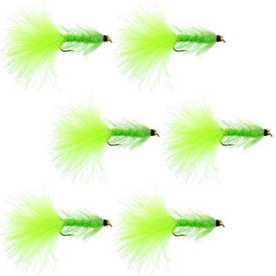 Set of six Chartreuse Bead Head Woolly Bugger streamer flies for fly fishing, size 4, featuring crystal accents and realistic baitfish details.