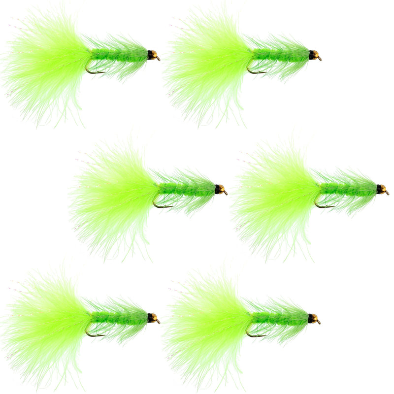 Set of six Chartreuse Bead Head Woolly Bugger streamer flies for fly fishing, size 4, featuring crystal accents and realistic baitfish details.