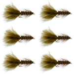 Set of 6 dark olive bead head crystal Woolly Bugger streamer flies for fly fishing, size 8, by The Fly Fishing Place.