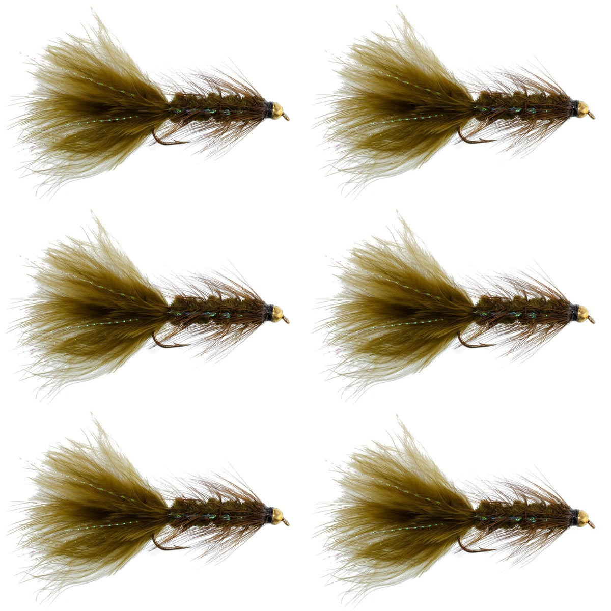 Set of 6 dark olive bead head crystal Woolly Bugger streamer flies for fly fishing, size 8, by The Fly Fishing Place.