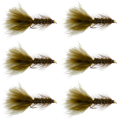 Set of 6 dark olive bead head crystal Woolly Bugger streamer flies for fly fishing, size 8, by The Fly Fishing Place.