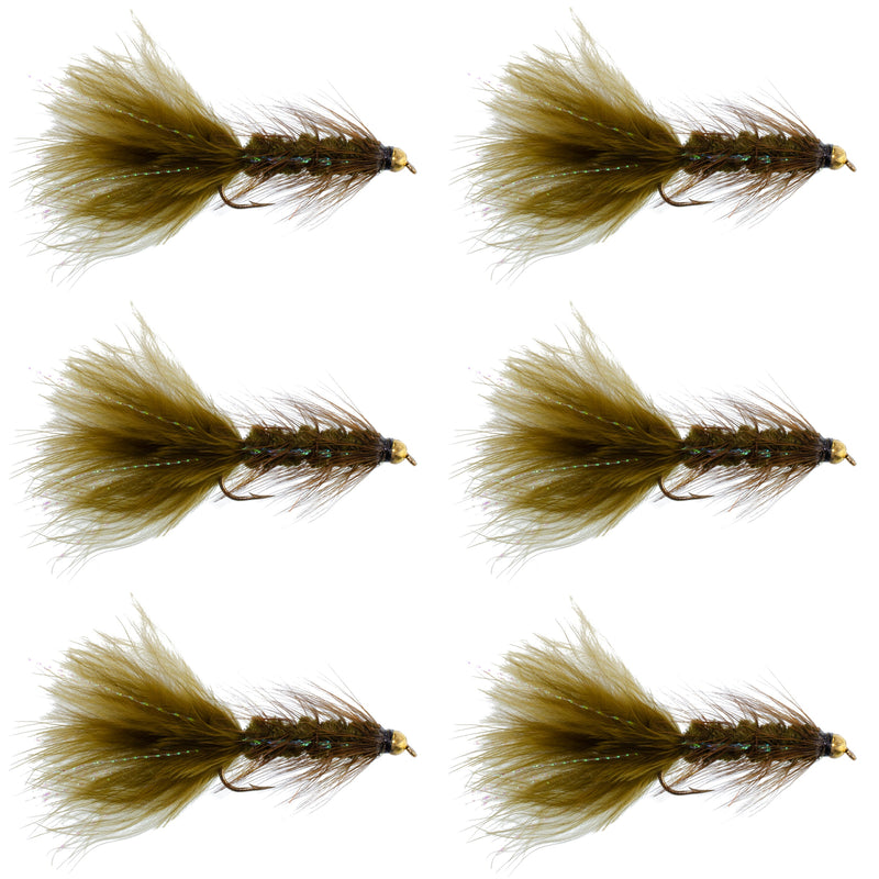 Set of 6 dark olive bead head crystal Woolly Bugger streamer flies for fly fishing, size 8, by The Fly Fishing Place.