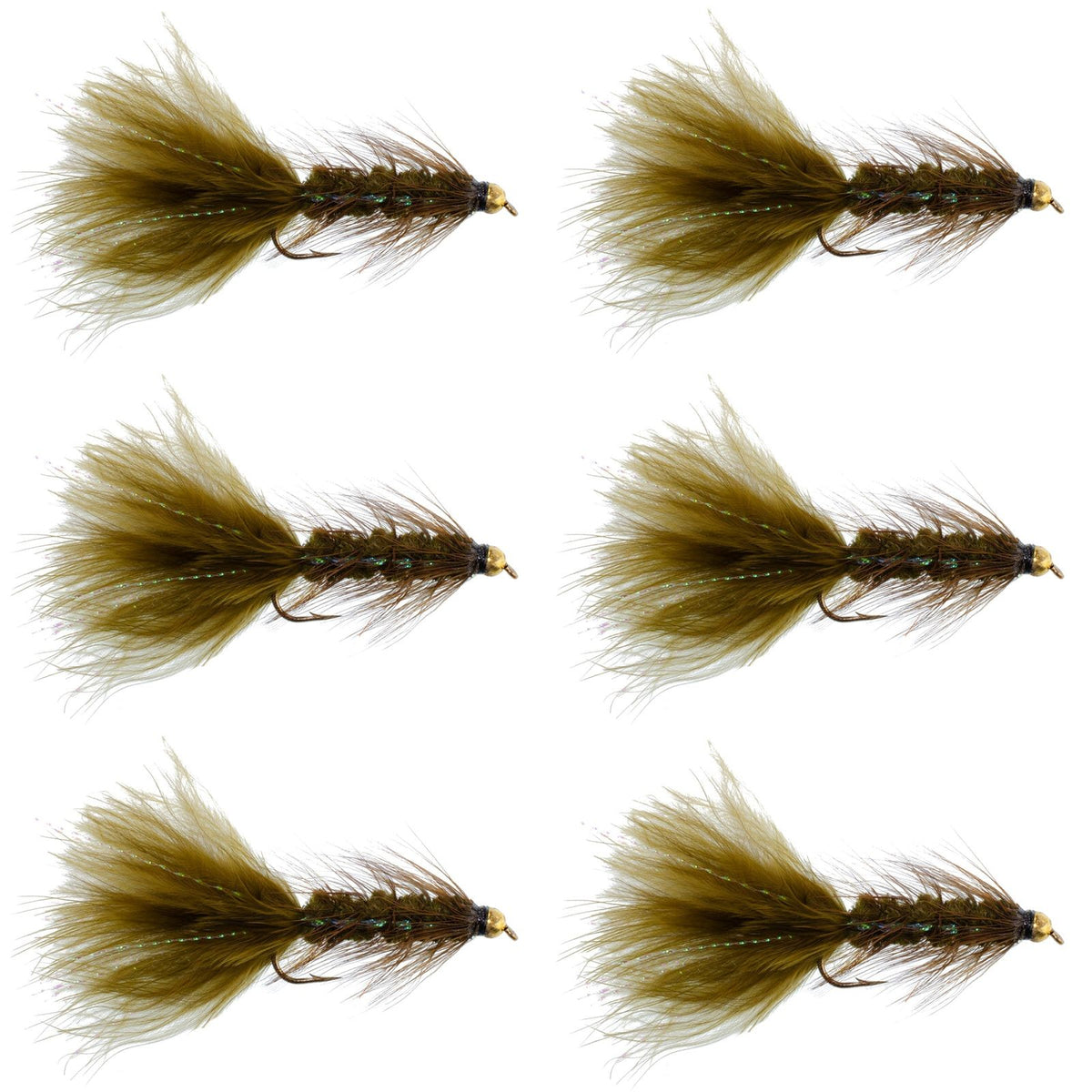 Dark Olive Bead Head Crystal Woolly Bugger Streamer Fly - 6 Flies - Size 4