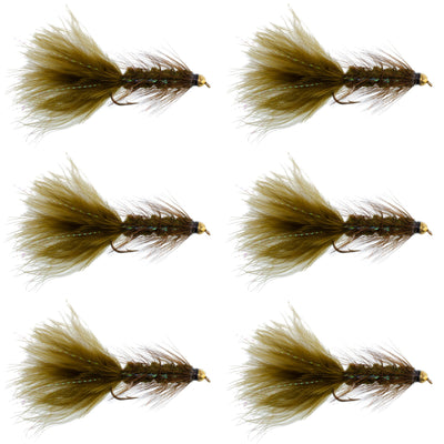 Dark Olive Bead Head Crystal Woolly Bugger Streamer Fly - 6 Flies - Size 4