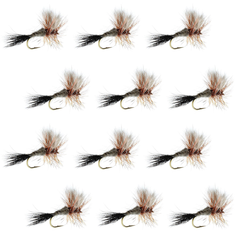 Set of 12 Ausable Wulff Classic dry flies for trout fishing, size 14, by The Fly Fishing Place, mounted on hooks.