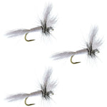 Set of three barbless white Wulff Classic Hair Wing dry flies with size 10 hooks for fly fishing.
