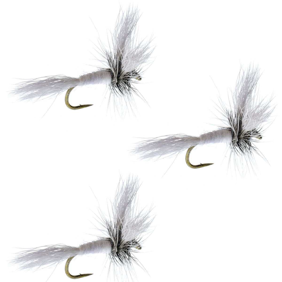 Set of three barbless white Wulff Classic Hair Wing dry flies with size 10 hooks for fly fishing.