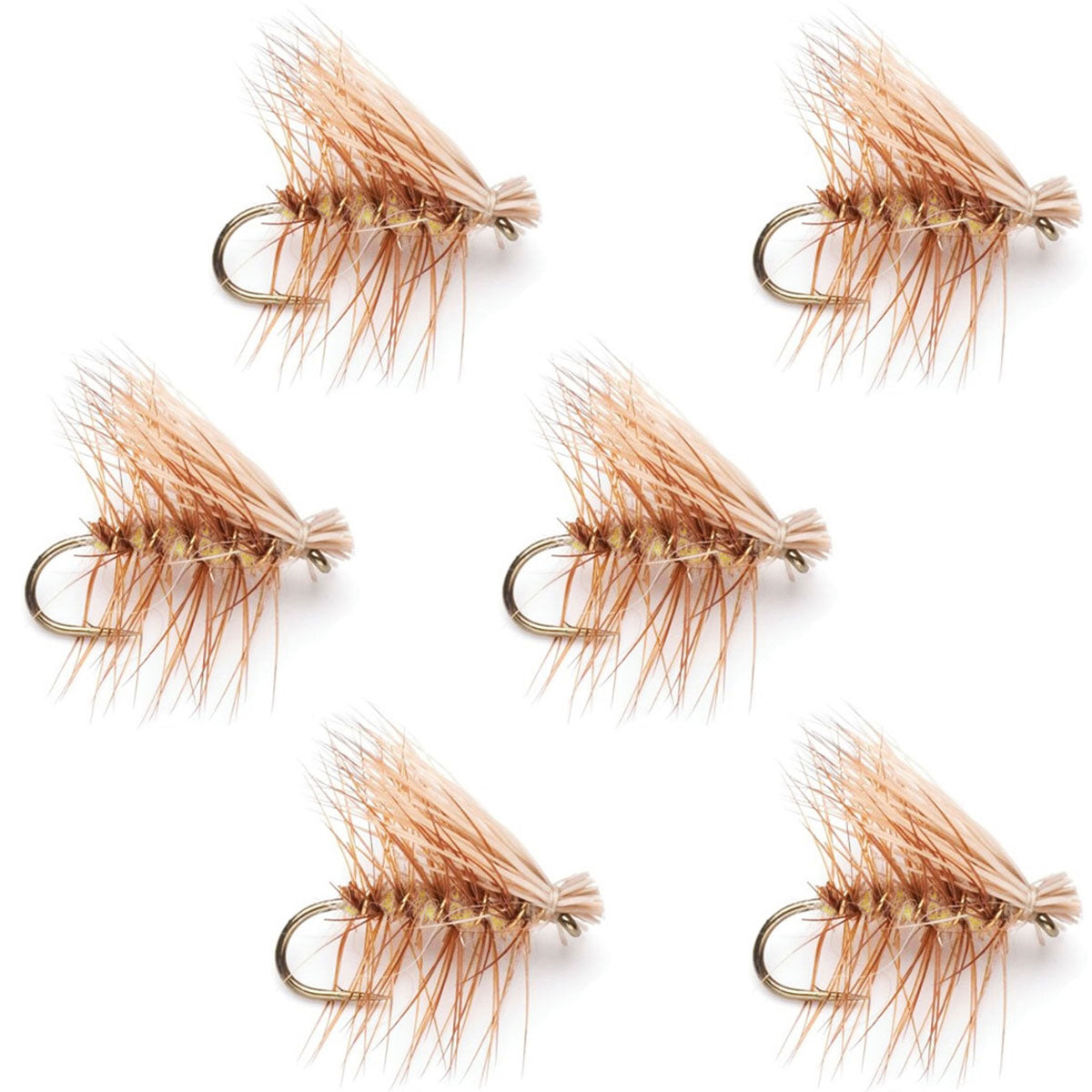 Set of six tan Elk Hair Caddis dry flies for trout fishing, size 12, with yellow elk hair and realistic insect details.