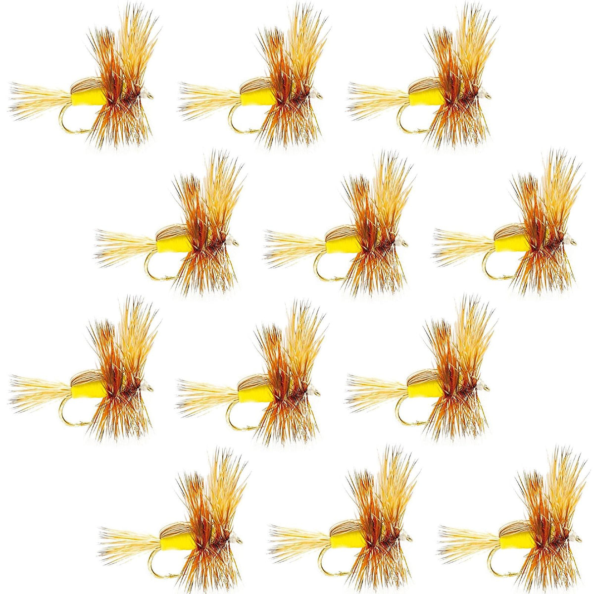 Set of 12 Yellow Humpy Classic Trout Dry Flies with size 16 hooks, designed for fly fishing by The Fly Fishing Place.