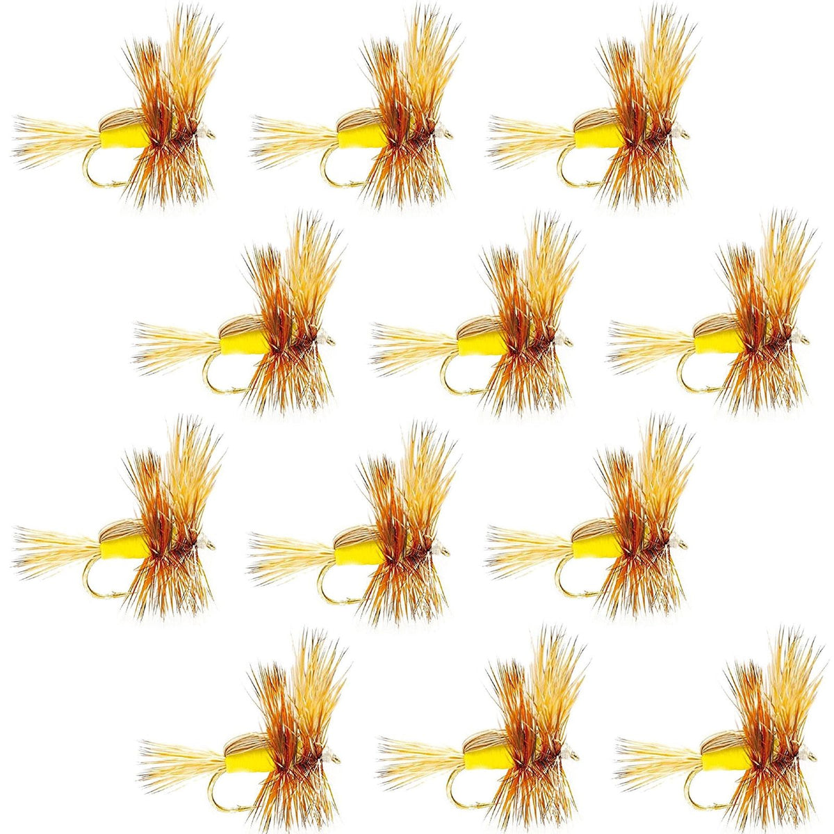Set of 12 yellow Humpy classic trout dry flies with hooks, size 16, designed for fly fishing by The Fly Fishing Place.