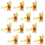 Yellow Humpy Classic Trout Dry Fly by The Fly Fishing Place, set of 12 size 14 fishing flies with hook for trout fishing.