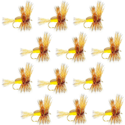 Yellow Humpy Classic Trout Dry Fly by The Fly Fishing Place, set of 12 size 14 fishing flies with hook for trout fishing.