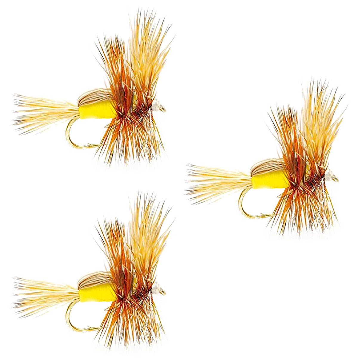 Set of three yellow Humpy dry flies for trout fishing, size 16, with barbless hooks, from The Fly Fishing Place.