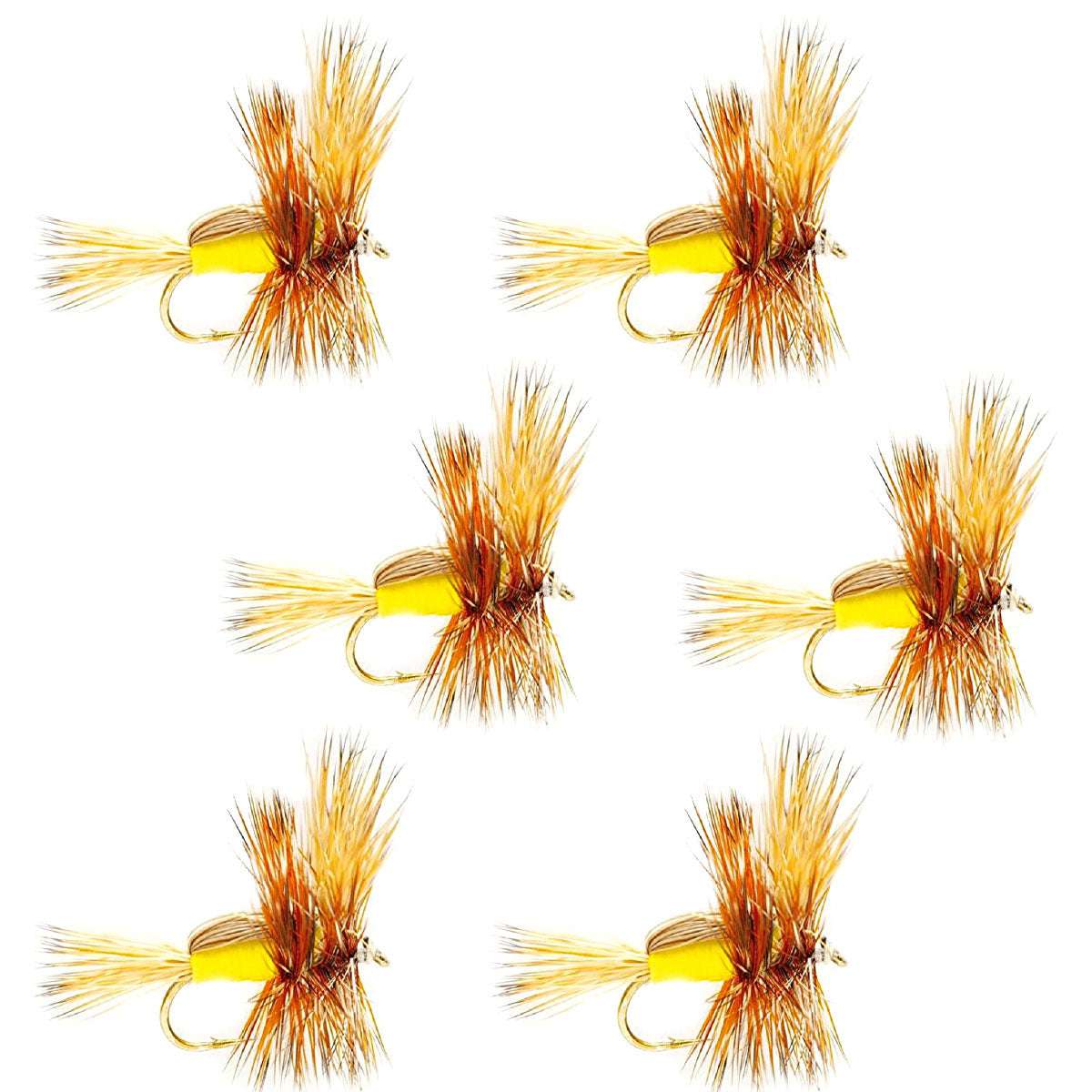 Set of six yellow Humpy classic trout dry flies with size 14 hooks, designed for fly fishing by The Fly Fishing Place.