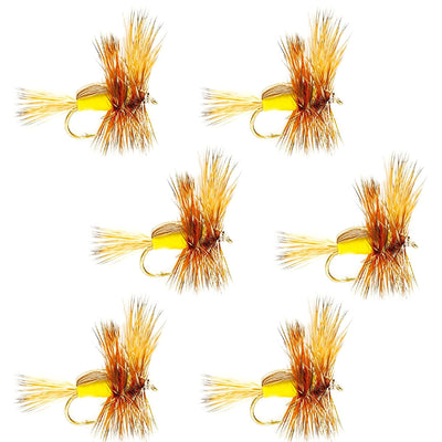 Set of six Yellow Humpy Classic Trout Dry Flies on hooks, size 14, by The Fly Fishing Place, designed for trout fishing.