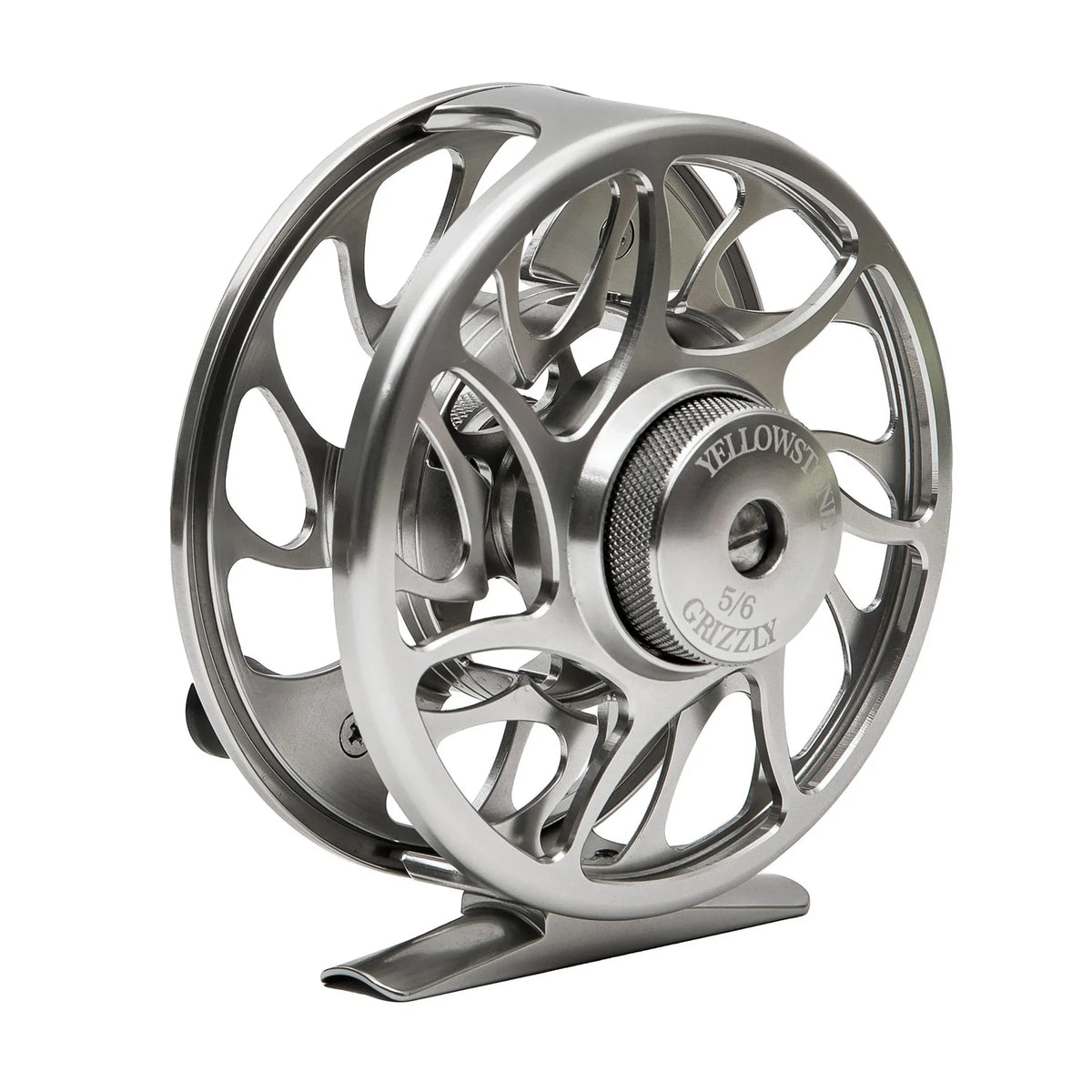 Gray Yellowstone Grizzly fly reel by Jackson Hole Fly Company, showcasing the reel's detailed construction and sleek design.
