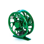 Green Yellowstone Grizzly fly reel by Jackson Hole Fly Company, featuring a sturdy design and adjustable drag system.
