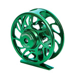 Yellowstone Grizzly Fly Reel by Jackson Hole Fly Company, green fishing reel with detailed handle and spool for fly fishing.