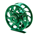 Green Yellowstone Grizzly fly reel by Jackson Hole Fly Company with detailed spool and durable construction for freshwater fishing.