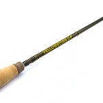 Close-up of Jackson Hole Fly Company's Yellowstone II fly fishing rod highlighting the rod's detailed craftsmanship and branding.