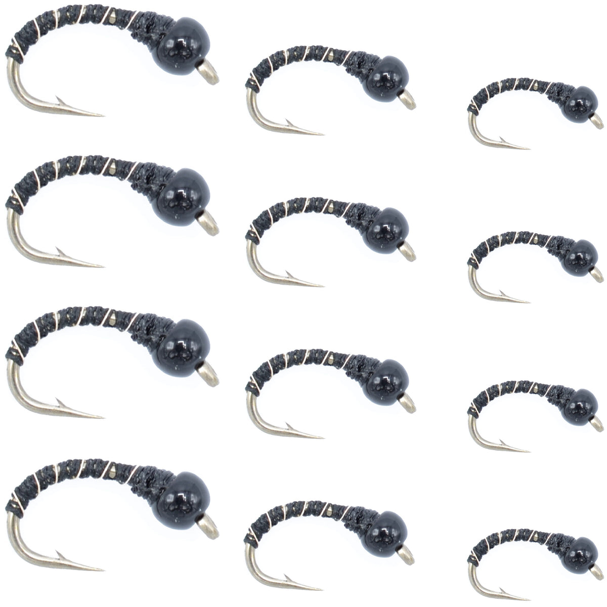 Black Zebra Midge Assortment - Black Bead Head - 1 Dozen - 4 Each of 3 Sizes 14, 16, 18 - Tailwater and Lake Fly Fishing Flies Assortment
