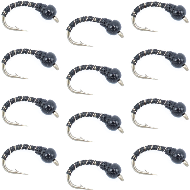 Black Zebra Midge trout wet fly with black bead head, size 16, set of 12 for lake and tailwater fly fishing.