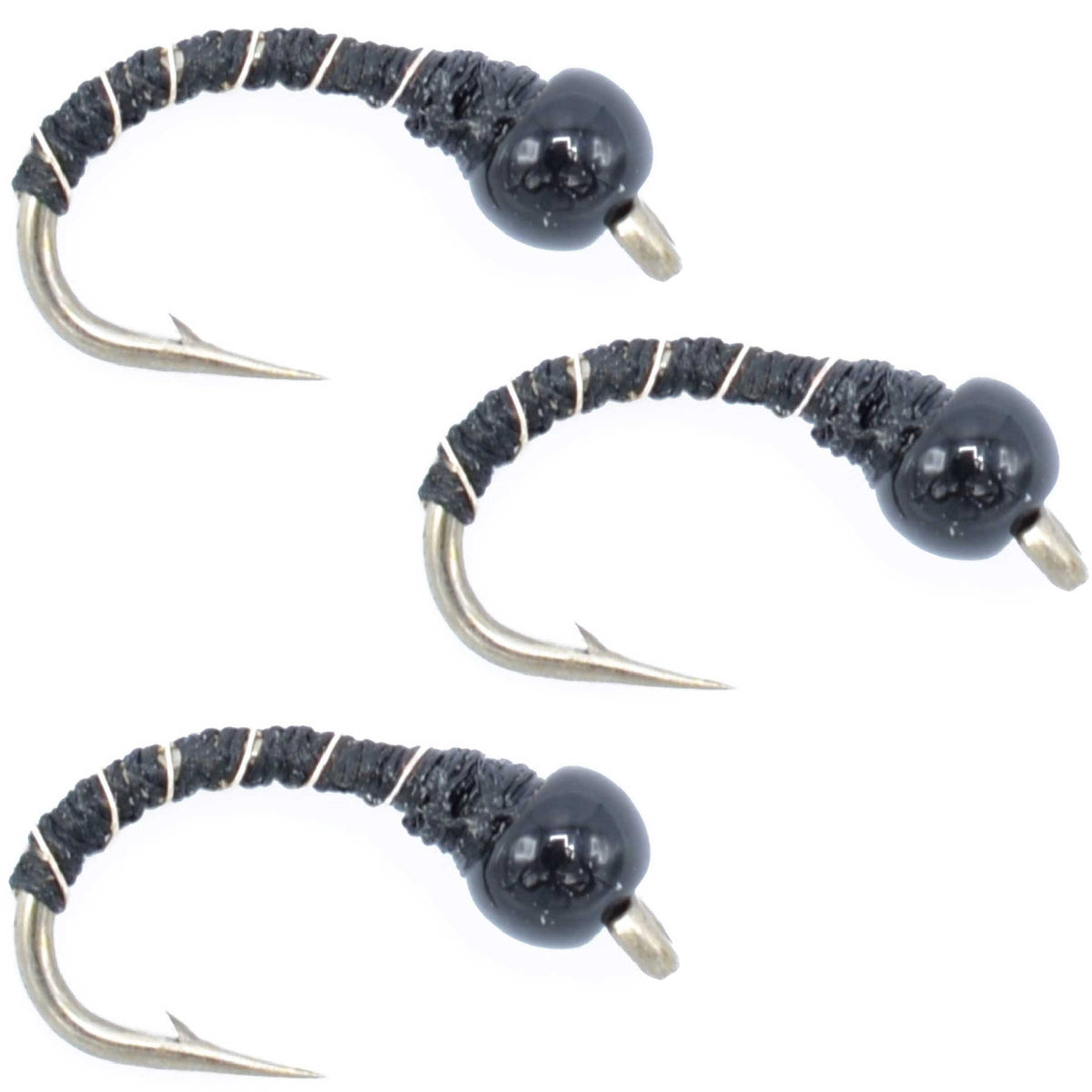 Three black zebra nymph fly fishing hooks for trout, size 14, from The Fly Fishing Place, designed for still water fly fishing.
