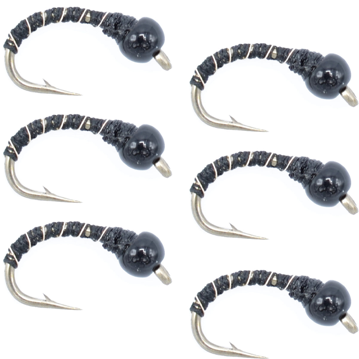 Set of six black zebra midge trout wet flies with black bead heads, size 14, ideal for tailwater and lake fly fishing.
