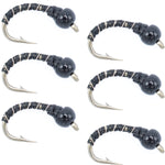 Set of six Black Zebra Midge trout wet flies with black bead head, size 18, ideal for lake and tailwater fly fishing.