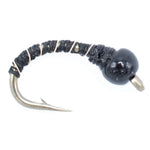 Three black zebra bead head trout wet flies with size 24 nymph hooks for still water fishing, designed for fly fishing enthusiasts.