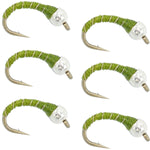 Set of six Bead Head Olive Zebra Midge Wet Flies for trout fishing, hook size 18, by The Fly Fishing Place.
