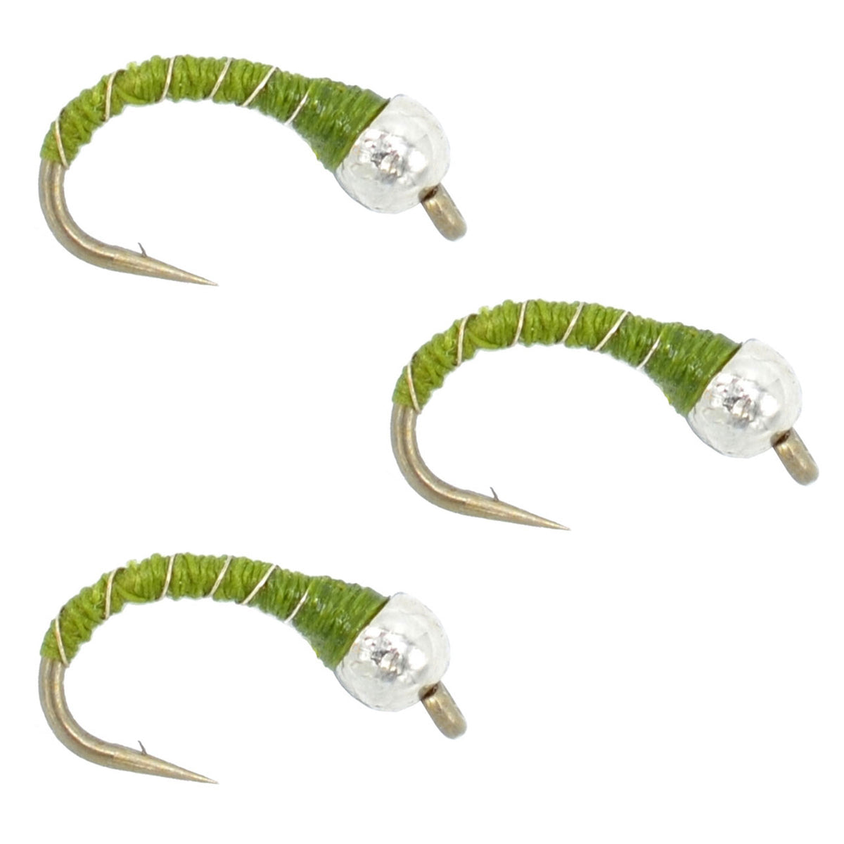 Set of three olive zebra midge wet flies for trout fishing, size 14, with detailed hooks and realistic nymph body.