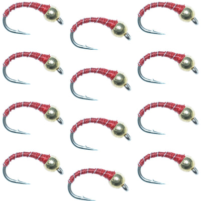 Set of 12 Bead Head Red Zebra Midge trout wet flies with hooks, size 18, for fly fishing from The Fly Fishing Place.