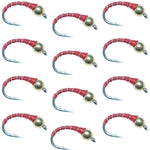 Set of 12 Bead Head Red Zebra Midge trout wet flies with hooks, size 16, designed for still water nymph fishing.
