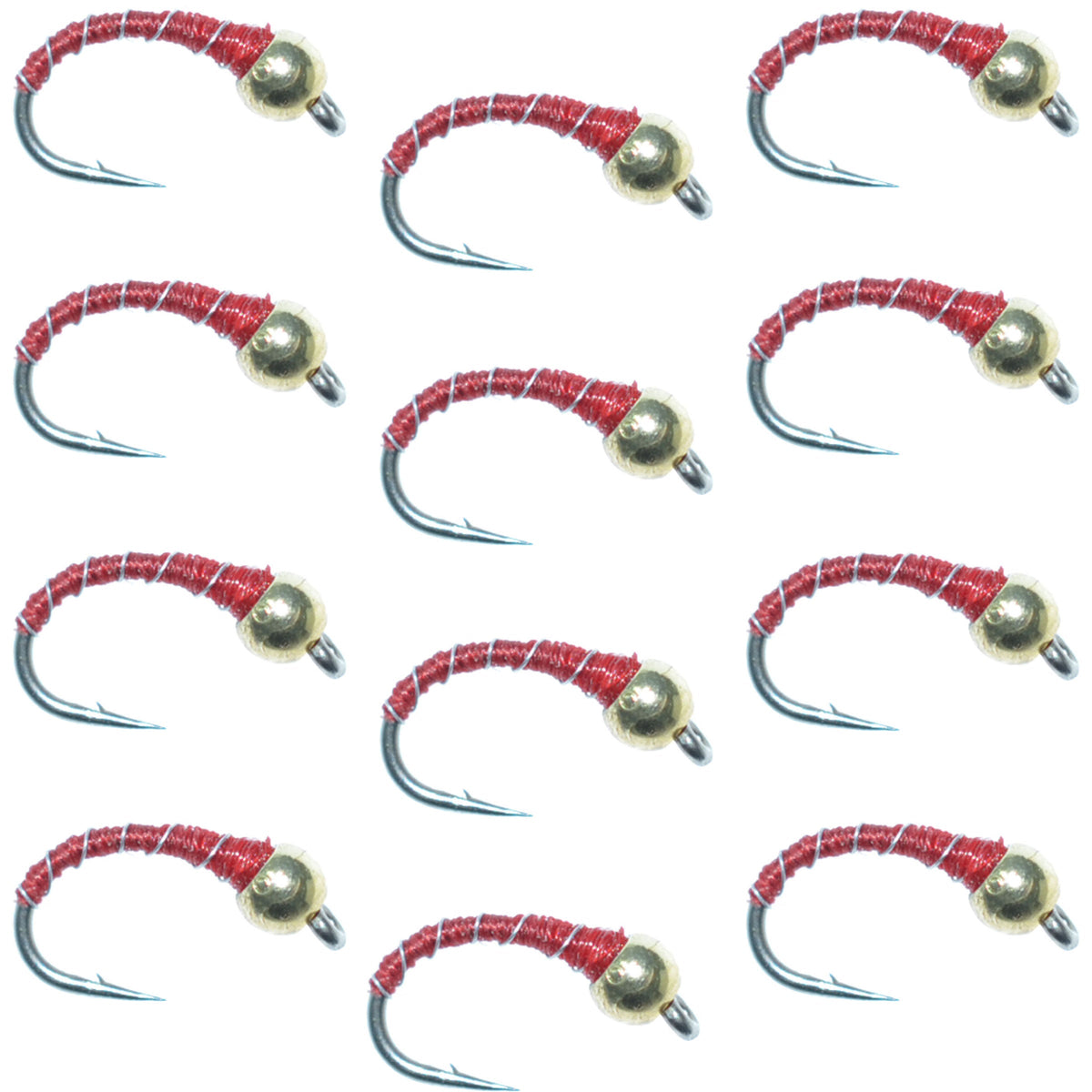 Set of 12 Bead Head Red Zebra Midge trout wet flies with hooks, size 16, designed for still water nymph fishing.