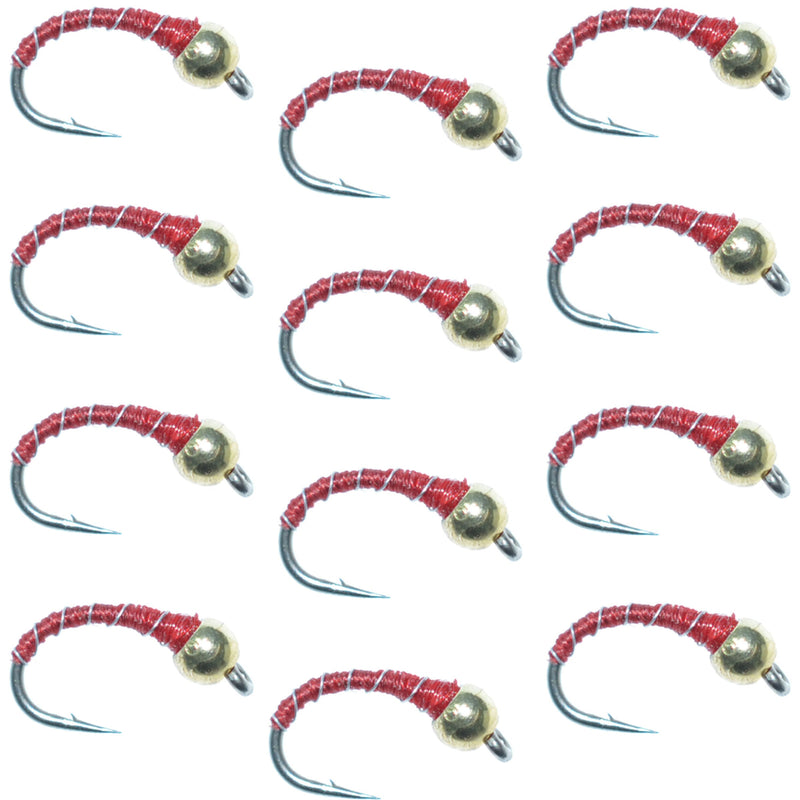 Set of 12 Bead Head Red Zebra Midge trout wet flies with hooks, size 16, designed for still water nymph fishing.