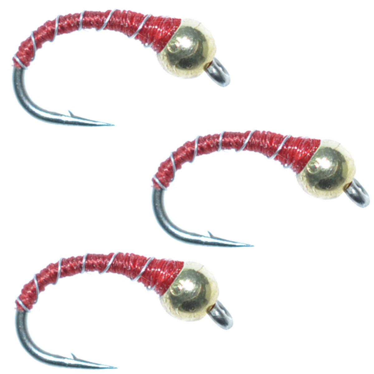 Set of three bead head red zebra midge wet flies for trout fishing, featuring size 14 fly hooks in still water nymph style.
