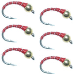 Six Bead Head Red Zebra Midge trout wet flies with hooks size 18, part of The Fly Fishing Place zebra nymph collection for still water fishing.