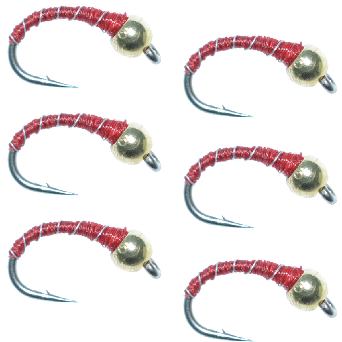 Six Bead Head Red Zebra Midge trout wet flies with hooks size 18, part of The Fly Fishing Place zebra nymph collection for still water fishing.