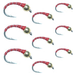 Red zebra midge wet fly collection with three sizes (14, 16, 18) for trout fishing, featuring detailed red zebra nymphs.