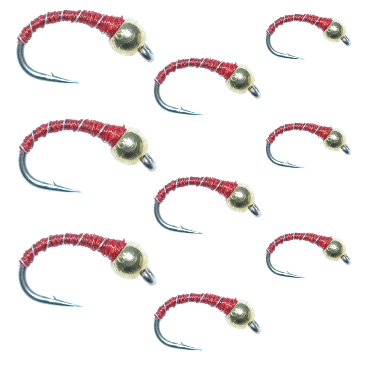 Red zebra midge wet fly collection with three sizes (14, 16, 18) for trout fishing, featuring detailed red zebra nymphs.