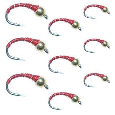 Red zebra midge wet fly collection with three sizes (14, 16, 18) for trout fishing, featuring detailed red zebra nymphs.