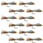 Set of 12 Flashback Gold Ribbed Hare's Ear Trout Wet Flies size 10 for fly fishing, designed for nymph and trout fishing.
