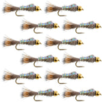 Set of 12 Flashback Gold Ribbed Hare's Ear Trout Wet Flies, size 18, designed for fly fishing and trout nymph fishing.