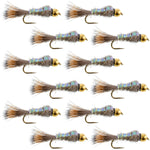 Gold ribbed Hare's Ear trout wet fly set, size 16, by The Fly Fishing Place, includes 12 nymph wet flies for trout fishing.